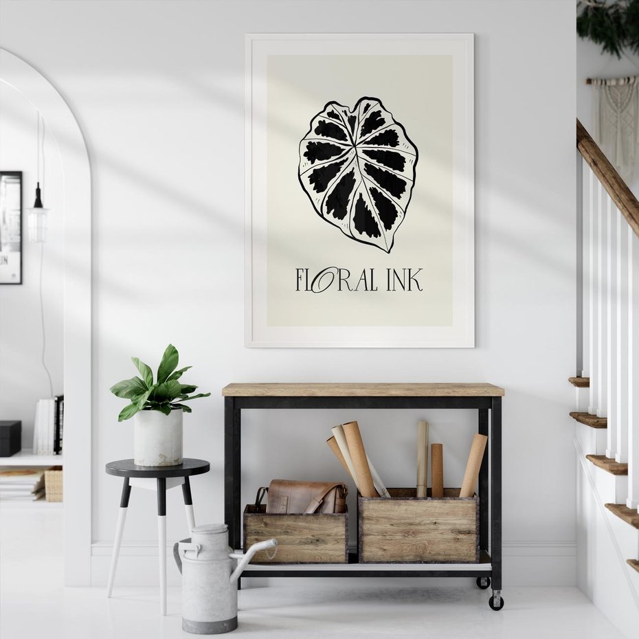 Plakat w ramie 50x70 - Zapisane na liściach wspomnienia - liść, czarny kontur na jasnym tle - rama biała