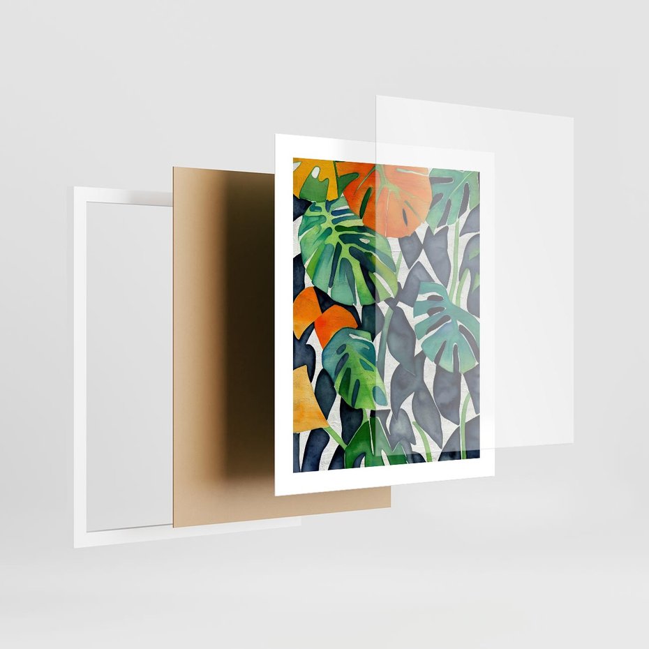 Plakat w ramie 40x50 - Tropikalne Pragnienia - akwarela, liście tropikalne - rama biała