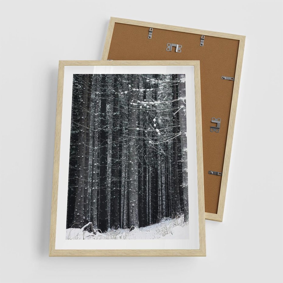 Plakat w ramie 50x70 - Leśna Cisza: Malowniczy Pejzaż Zimą - las zimą, ośnieżone pnie drzew - rama drewno