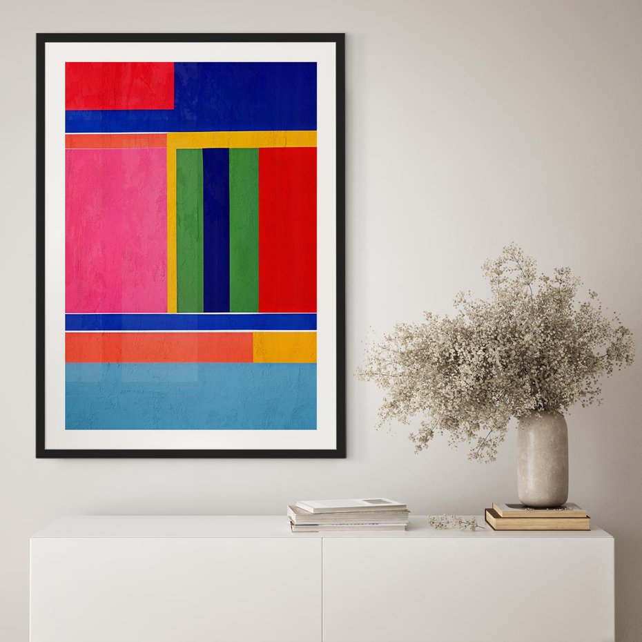 Plakat bez ramy 40x50 - Wnętrza Rozplątanych Barw - abstrakcyjny geometryczny obraz olejny, kolorowe pasy