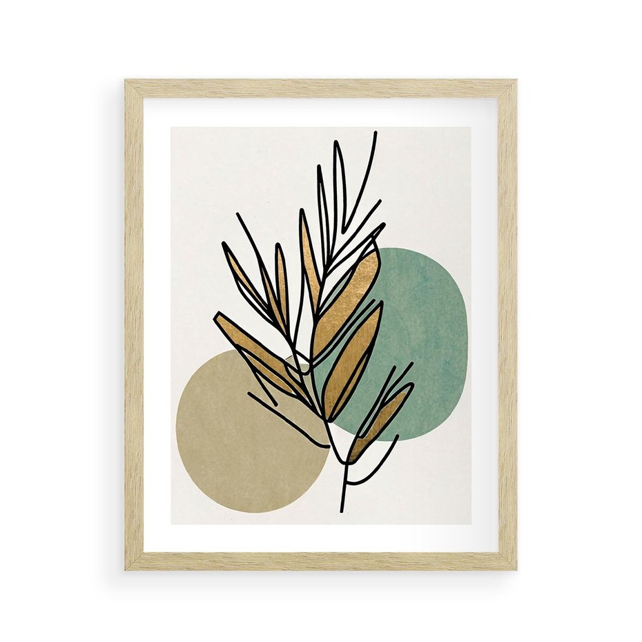 Plakat w ramie 40x50 - Migocące Ścieżki Wizji - abstrakcyjny obraz boho, liście - rama drewno