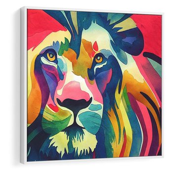 Obraz w ramie 80x80 - Tęczowy Lew - akwarela, tęczowy lew - rama biała