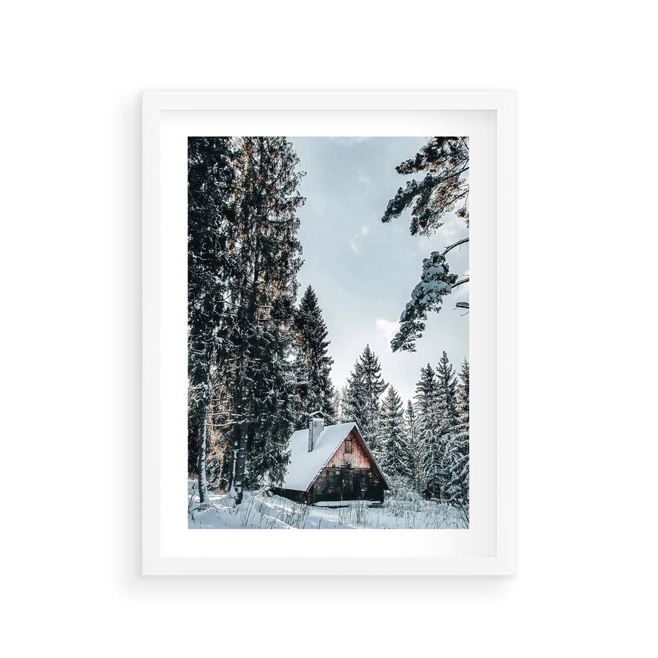 Plakat w ramie 30x40 - Górska Uroda Zimą: Dom w Śniegu - domek w górach, zima - rama biała