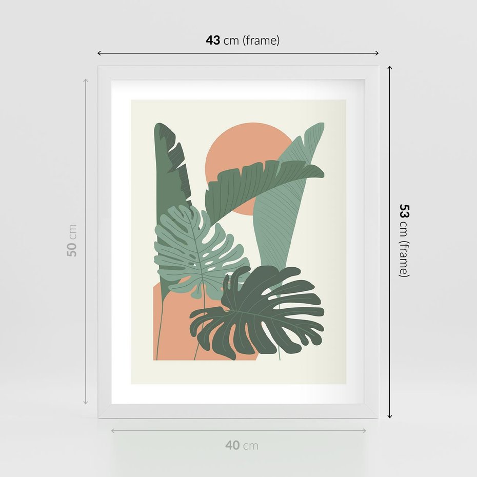 Plakat w ramie 40x50 - Abstrakcyjne Tropiki - liście, rośliny tropikalne w graficznym stylu - rama biała