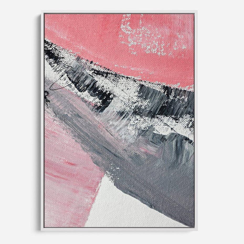Obraz w ramie 70x100 - Kontrastujący Ruch Emocji - abstrakcyjne pasy farby, kolory róż szary czarny - rama biała