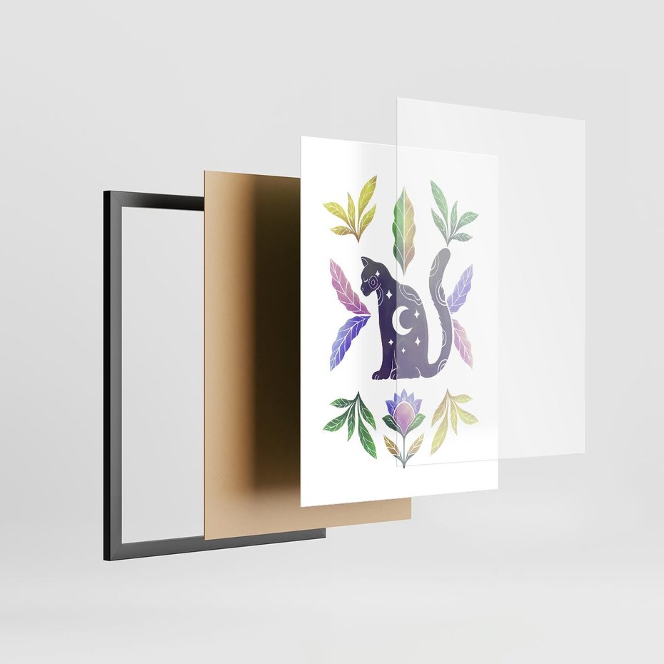 Plakat w ramie 30x40 - Migotliwa Przestrzeń - boho kot, plakat - rama czarna