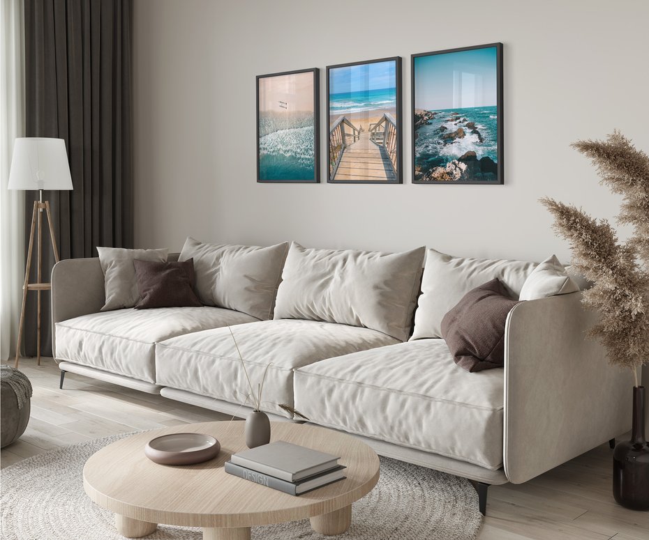 Zestaw obrazy w ramie 30x40 galeria - Plaża, morze, fale, boho - rama czarna