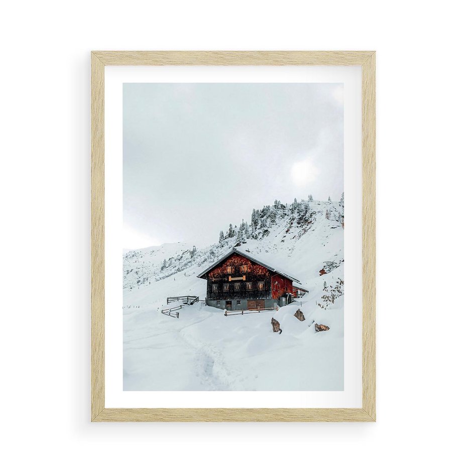 Plakat w ramie 50x70 - Zimowa Magia - domek, śnieg - rama drewno