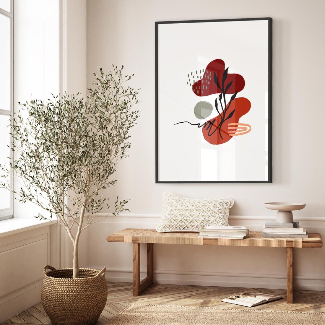 Plakat w ramie 30x40 - Migocące Kształty Liści - bstrakcyjna sztuka, boho kształty - rama czarna