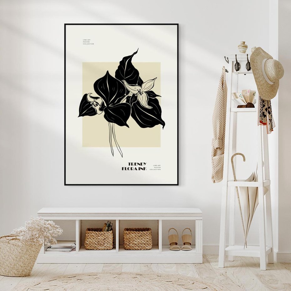 Obraz w ramie 70x100 - Ekspresja w szkicowanych kształtach - kwiaty, typografia - rama czarna