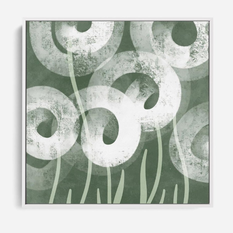 Obraz w ramie 80x80 - Spokojne Plamy Natury - zielony plakat, roślinne motywy - rama biała