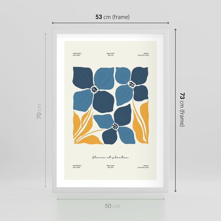 Plakat w ramie 50x70 - Błękitne Nowości - niebieskie kwiaty, nowoczesna sztuka - rama biała