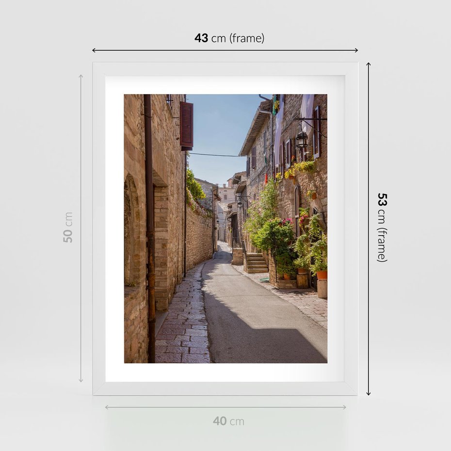 Plakat w ramie 40x50 - Uliczka Wakacyjnego Miasteczka - uliczka, wakacje - rama biała
