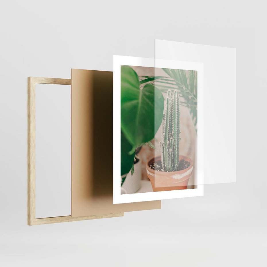 Plakat w ramie 40x50 - Boho Urok - kaktus w doniczce, gliniana doniczka - rama drewno