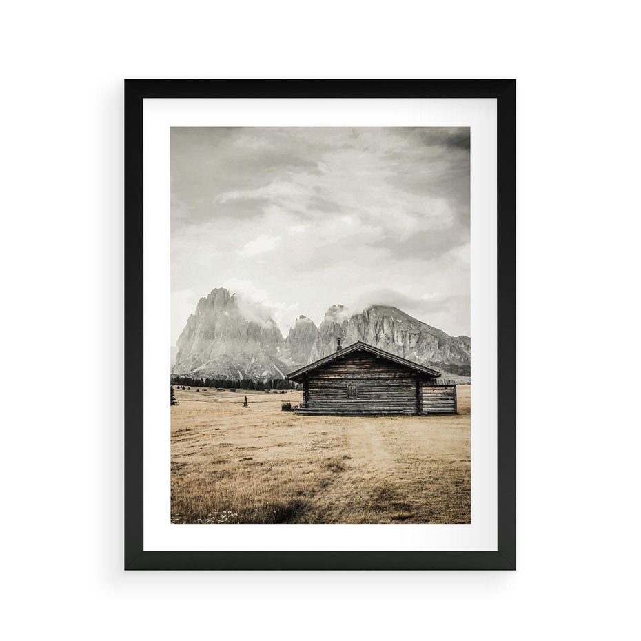 Plakat w ramie 40x50 - Surowa Przestrzeń i Górski Ustronny Azyl - chatka w górach, góry - rama czarna