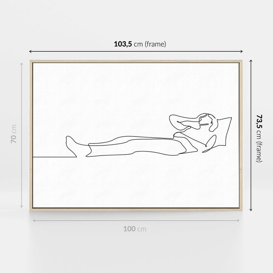 Obraz w ramie 100x70 - Postać na Łóżku - one line art, szkic - rama drewno