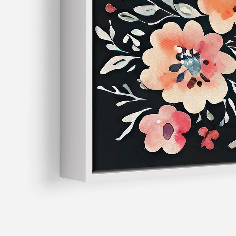 Obraz w ramie 70x50 - Labirynty melancholii - akwarelowe, pastelowe kwiaty na czarnym tle - rama biała