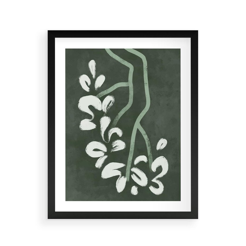 Plakat w ramie 40x50 - Rozkwitające Zielone Gałęzie - abstrakcyjne delikatne zielone linie, podobne do gałęzi kwiatów - rama czarna