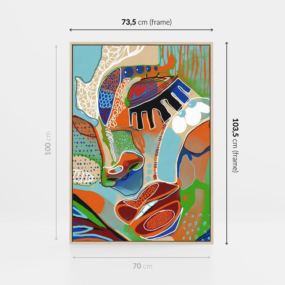 Obraz w ramie 70x100 - Wibracje Kształtów - abstrakcyjny portret kobiety, twarz - rama drewno