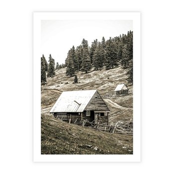 Plakat bez ramy 21x30 - Ustronne Chatki w Górach - rustykalne domki w górach, sepia