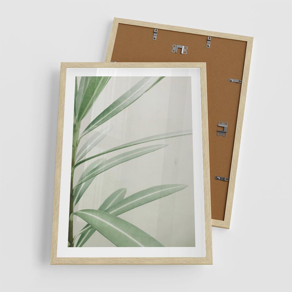 Plakat w ramie 50x70 - Minimalistyczna Tropikalna Harmonia - tropikalna roślina, zielone liście - rama drewno