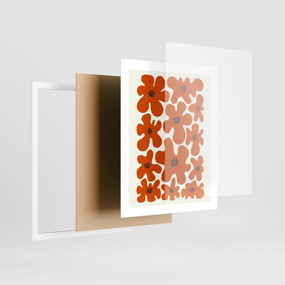 Plakat w ramie 40x50 - Wibracje Przestrzeni - abstrakcyjne czerwone kwiaty, kompozycja - rama biała