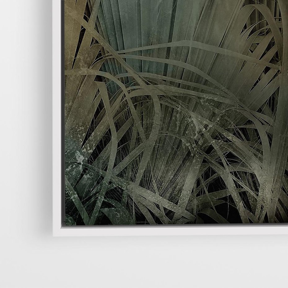 Obraz w ramie 80x80 - Światło w mroku duszy - liście traw, mroczny klimat - rama biała