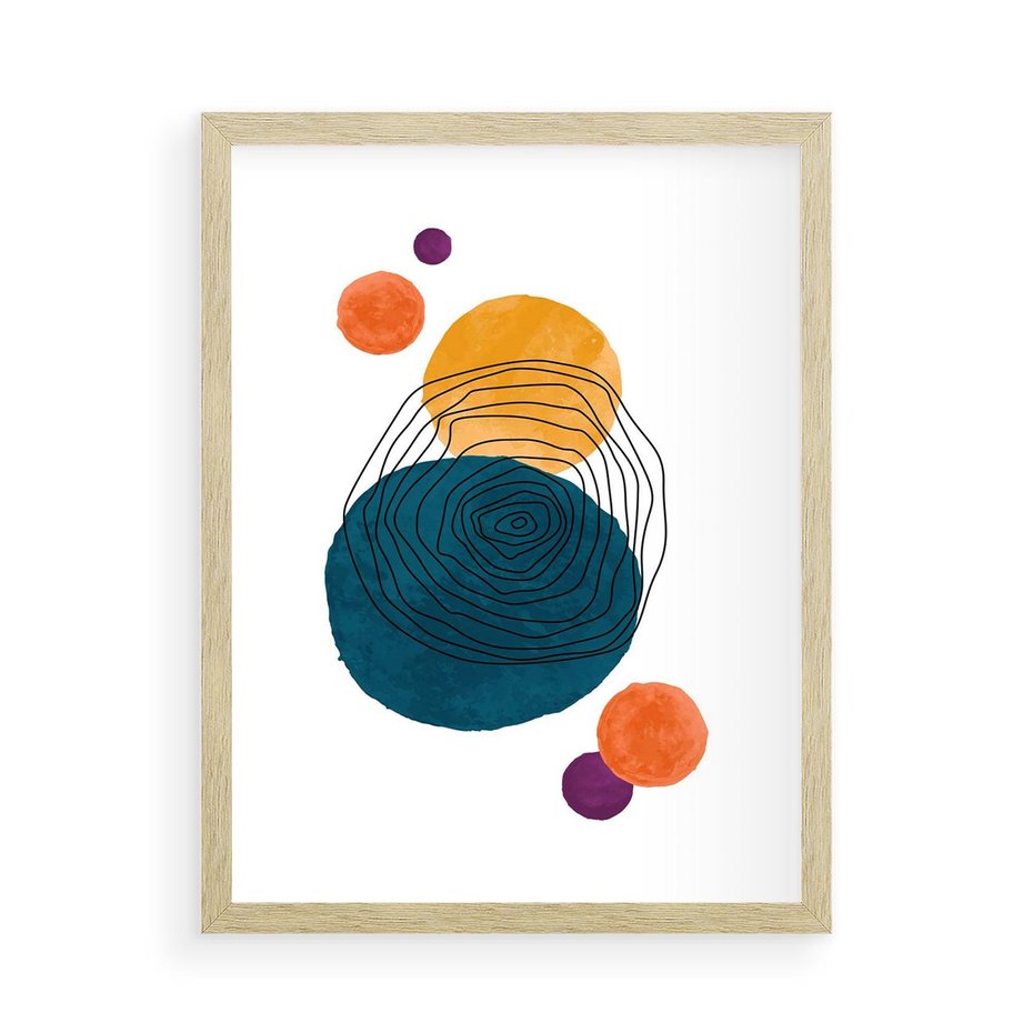 Plakat w ramie 50x70 - Kolorowe Plam z Czarnymi Liniami - kolorowe plamy, szkic - rama drewno