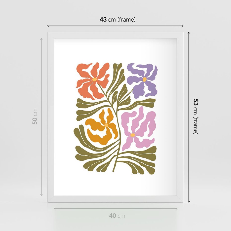 Plakat w ramie 40x50 - Rozplątane Wizje - abstrakcyjne kolorowe kwiaty, minimlizm - rama biała