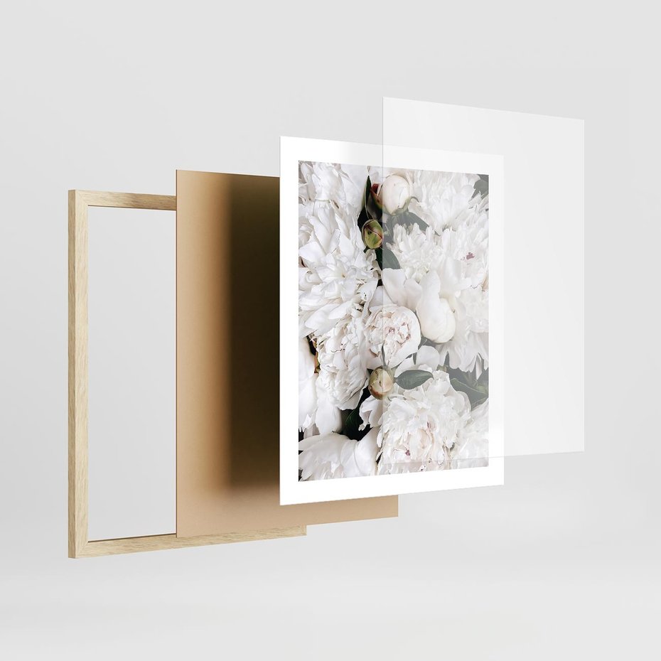 Plakat w ramie 40x50 - Modne Białe Kwiaty - białe kwiaty, płatki - rama drewno