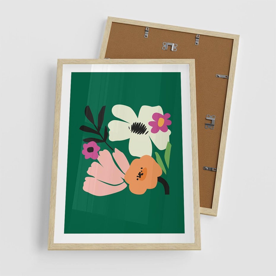 Plakat w ramie 50x70 - Rozbijające Echa - abstrakcyjne kwiaty, zielone tło - rama drewno