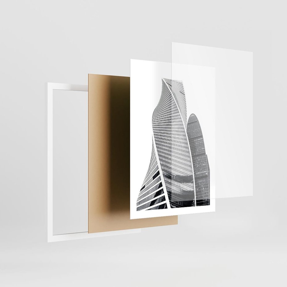 Plakat w ramie 50x70 - Wieżowce z Falistymi Kształtami - nowoczesne wieżowce, czarno biała fotografia - rama biała