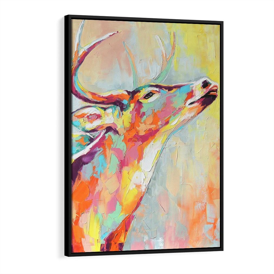 Obraz w ramie 70x100 - Impresje snów malarza - kolorowy olejny obraz, jeleń ryczący na rykowisku - rama czarna