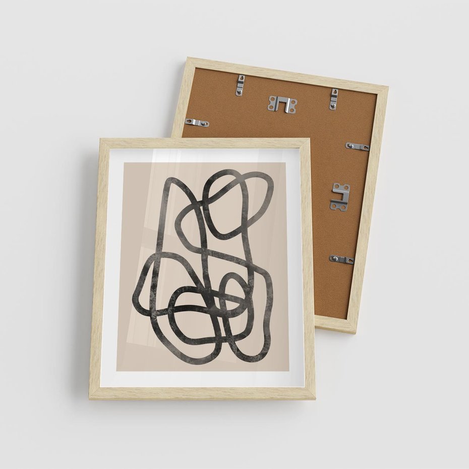 Plakat w ramie 40x50 - Przenikanie Wirtualnych Wymiarów - zaplątane minimalistyczne linie, na bezowym tle - rama drewno