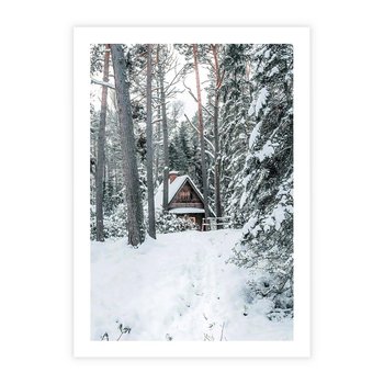Plakat bez ramy 40x50 - Spokój Zimowej Przygody w Lesie - domek w górach w lesie, zima