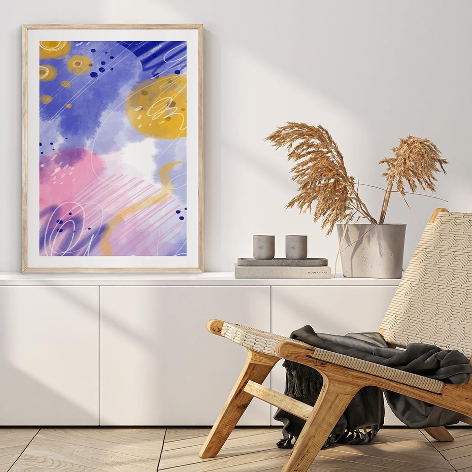 Plakat w ramie 30x40 - Rozbijające Plamy - abstrakcyjny plakat, pastelowe kolory - rama drewno