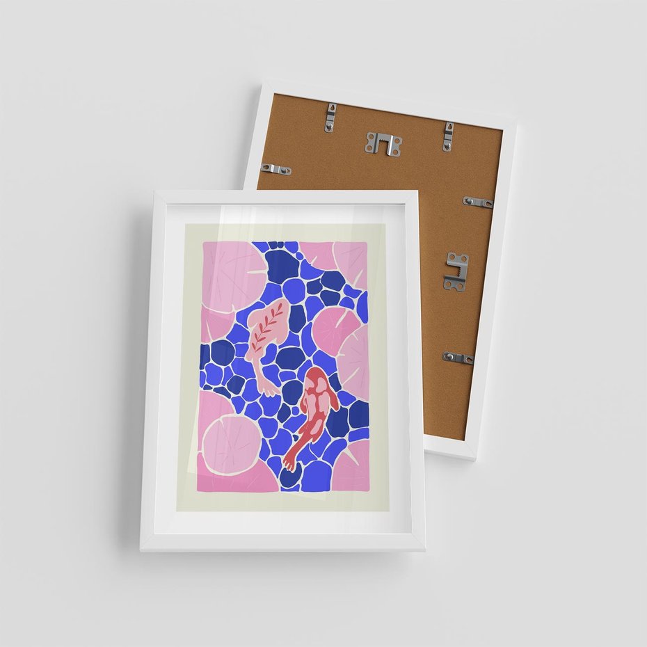 Plakat w ramie 30x40 - Rzeka Abstrakcji - abstrakcyjna kompozycja, różowe ryby wśród rafy - rama biała