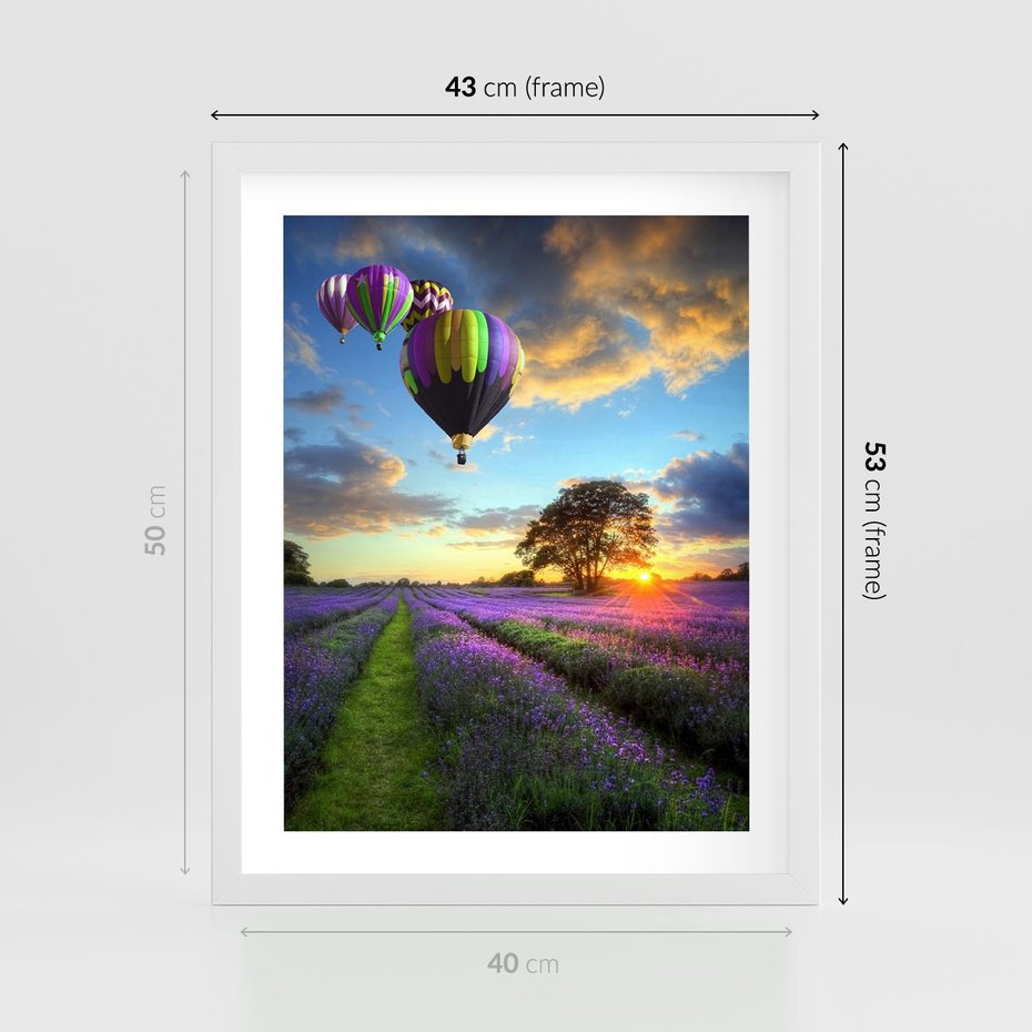 Plakat w ramie 40x50 - Lawendowe Marzenia - lawenda, balony - rama biała