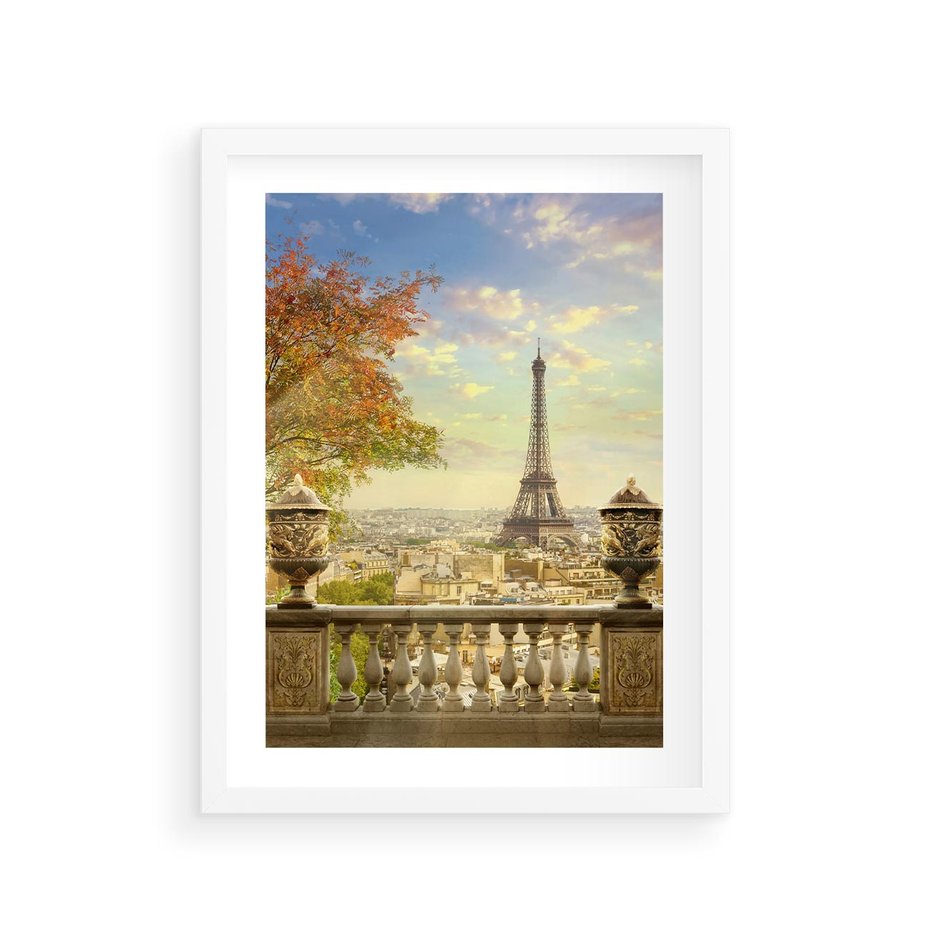 Plakat w ramie 30x40 - Paryż za Wieżą Eiffla - Paryż, Eiffla - rama biała