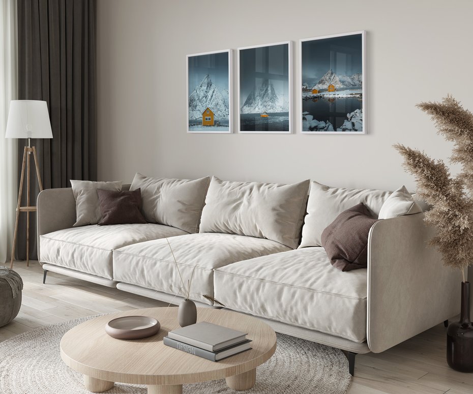 Zestaw obrazy w ramie 50x70 galeria - Skandynawia, Norwegia, góry, domek - rama biała