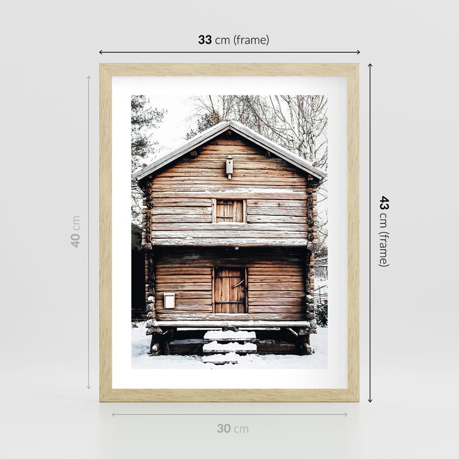 Plakat w ramie 30x40 - Śnieżny Ustronny Raj - domek w górach, śnieg - rama drewno