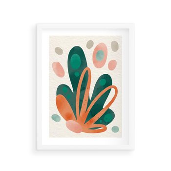 Plakat w ramie 30x40 - Harmonia bez Harmonii - akwarelowe abstrakcyjne kształty, zieleń i pomarańcz - rama biała