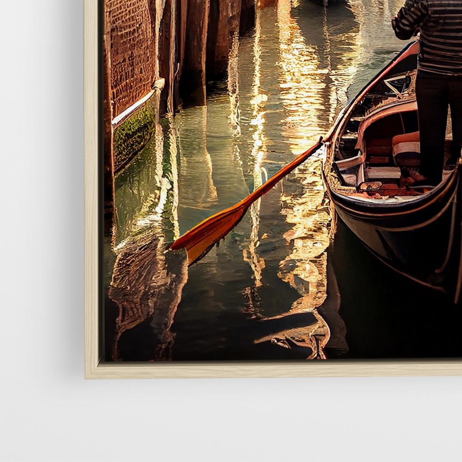Obraz w ramie 80x80 - Spokojna Wenecja - gondolier w gondoli, kanały Wenecji - rama drewno