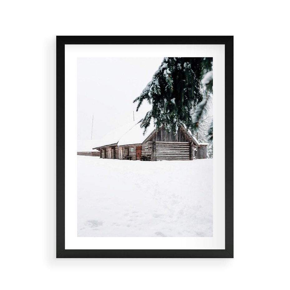 Plakat w ramie 40x50 - Zimowy Azyl - domek w górach, śnieg - rama czarna