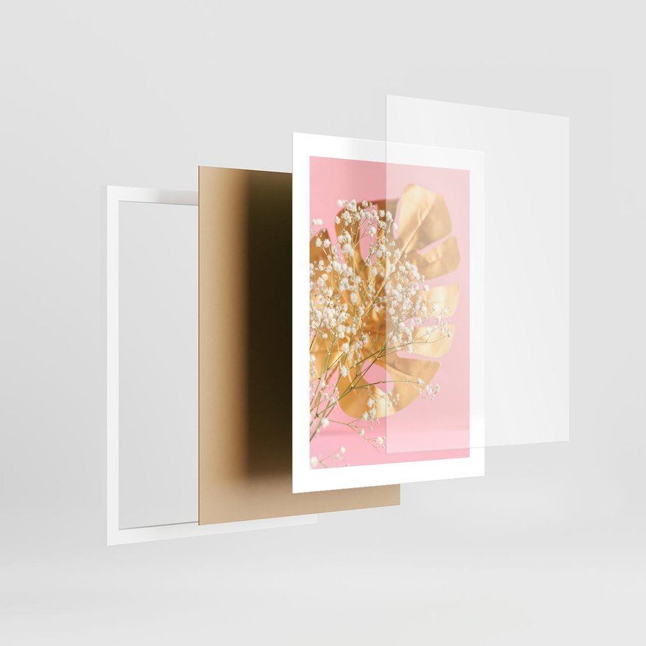 Plakat w ramie 30x40 - : Elegancja w Złocie - złote, liście - rama biała