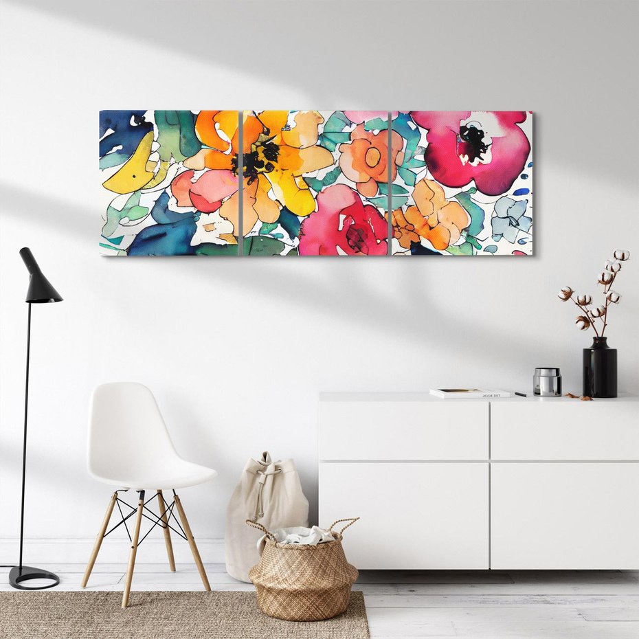 Obraz na płótnie 120x40 - Kwiatowy Impuls Kolorów - abstrakcyjne kolorowe kwiaty, szkic