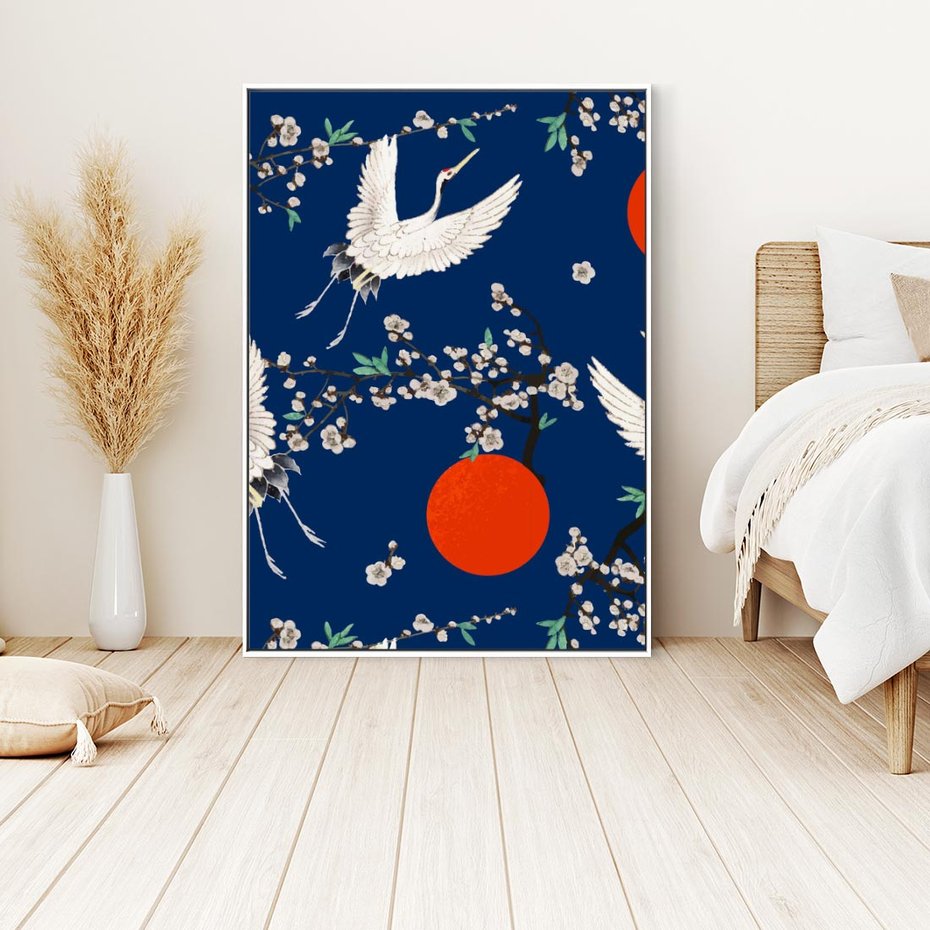 Obraz w ramie 50x70 - Japońskie Żurawie Indygo - sztuka japońska, japonia - rama biała
