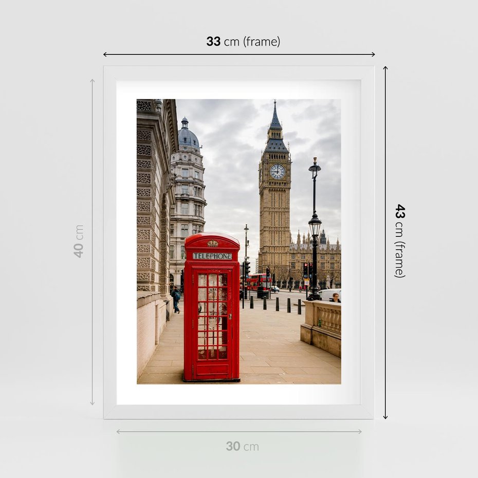 Plakat w ramie 30x40 - Symbol Big Benu - Londyn, budka - rama biała
