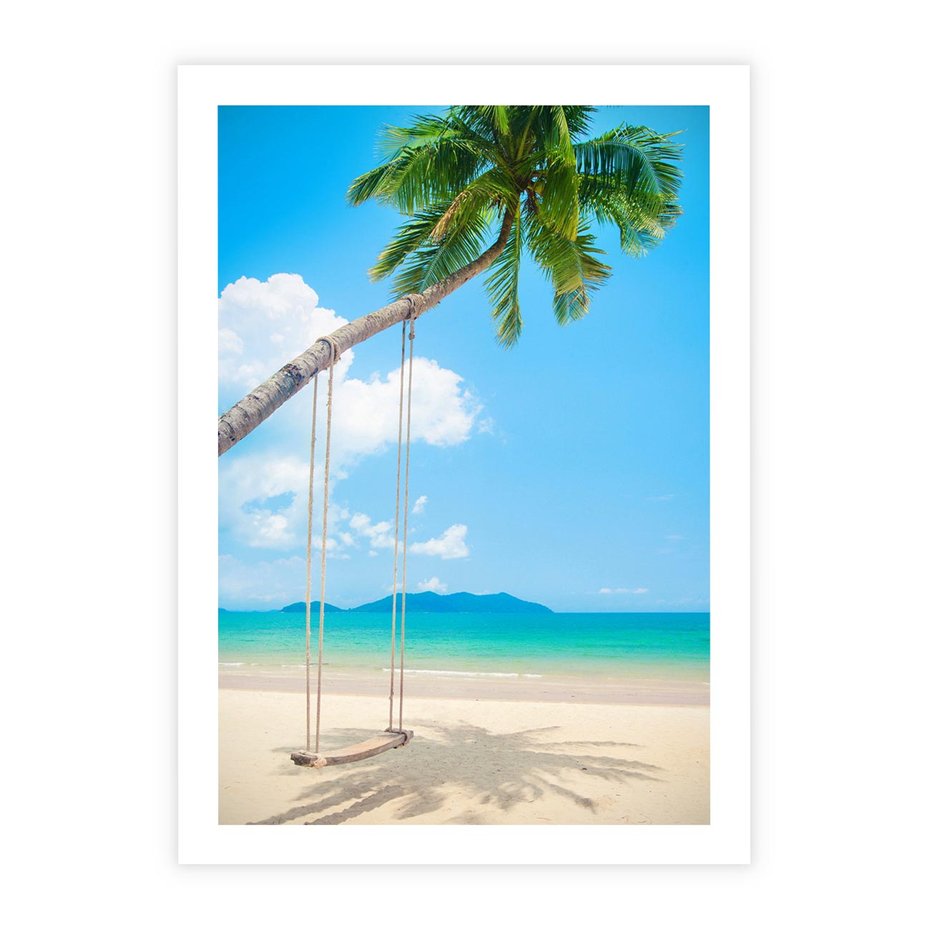 Plakat bez ramy 21x30 - Hawajska palma i huśtawka na plaży - palma, huśtawka