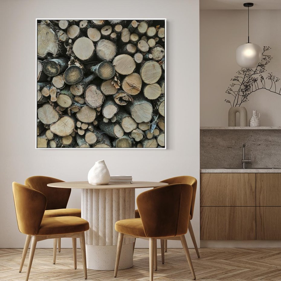 Obraz w ramie 50x50 - Bliskość Natury - drewno, las - rama biała